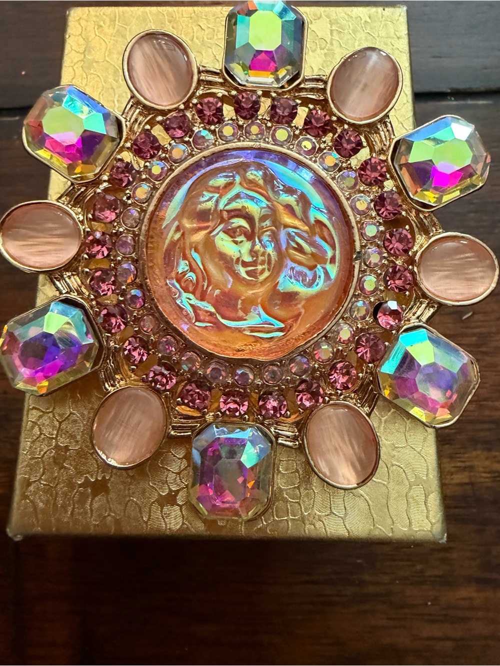 Source Unknown Gold Sunburst Brooch with Pink and Iridescent Stones 🩷
